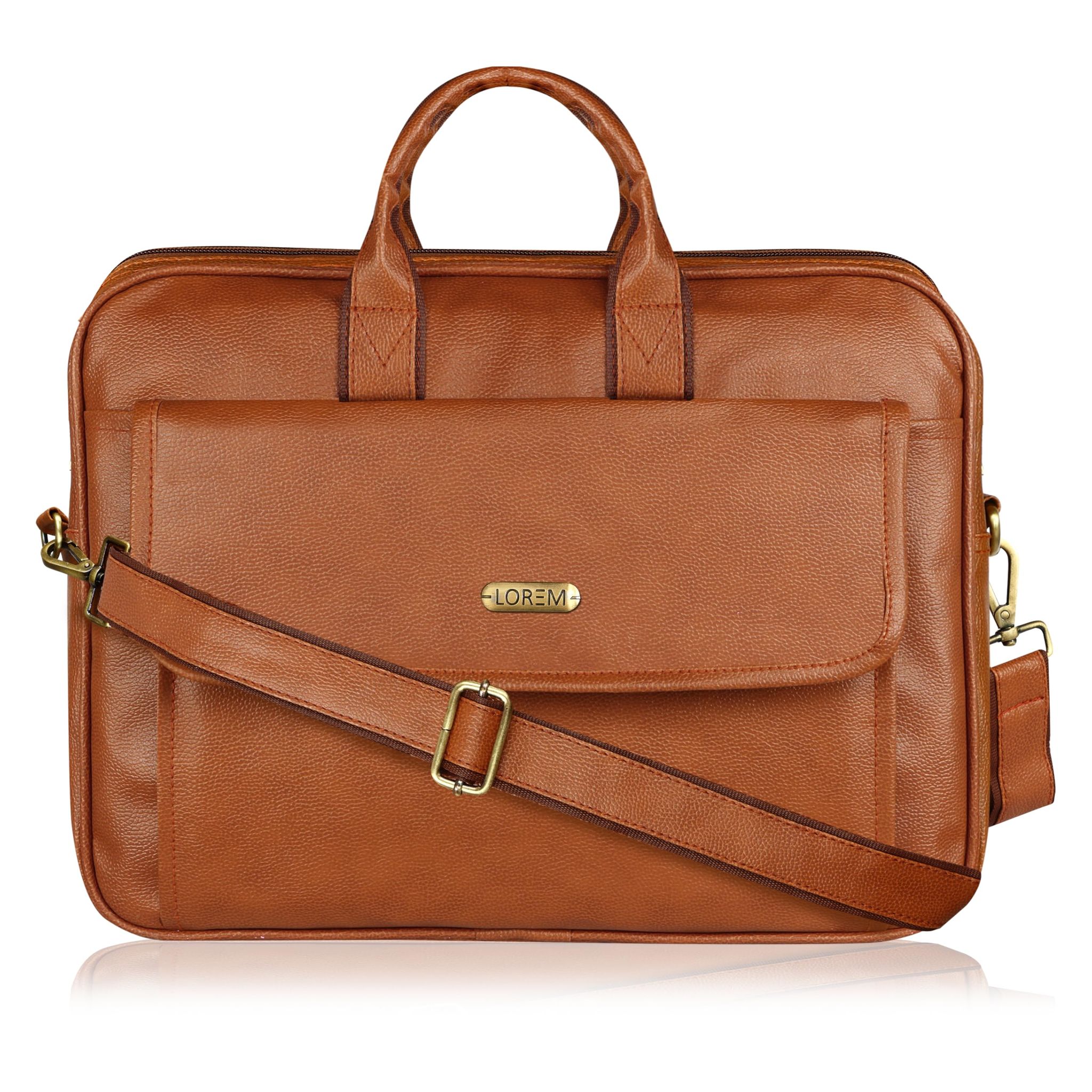 LOREM Glossy Tan Color Faux Leather 9.44L Messenger Bag for Men � Fits Up to 15.6" Laptop � Perfect for HP, Dell, Lenovo, MacBook BG112