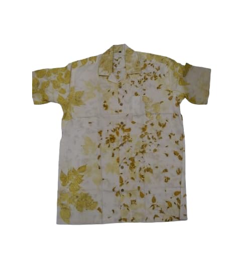 TULIP Traditional Artisians' Upliftment Livelihood Program Men's Half/Short Sleeve Shirt, White with Yellow Floral Print, Casual Button Down