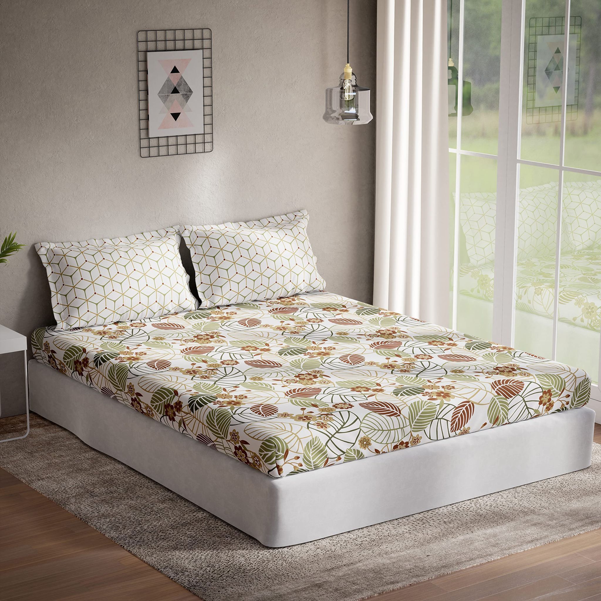 DDECOR - Optima Collection 100% Cotton Leaves Pattern 136 TC Queen Bedsheet |224 CM X 254 CM| Brown