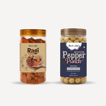 Blute life Millet Masala Chips and Roasted/Flavoured Makhana Combo 150g + 80g Pack (Ragi Chips & Pepper Punch Makhana Combo, Masala & Pepper Punch) Blute life Millet Masala Chips and Roasted/Flavoured Makhana Combo 150g + 80g Pack (Ragi Chips & Pepper Punch Makhana Combo, Masala & Pepper Punch)