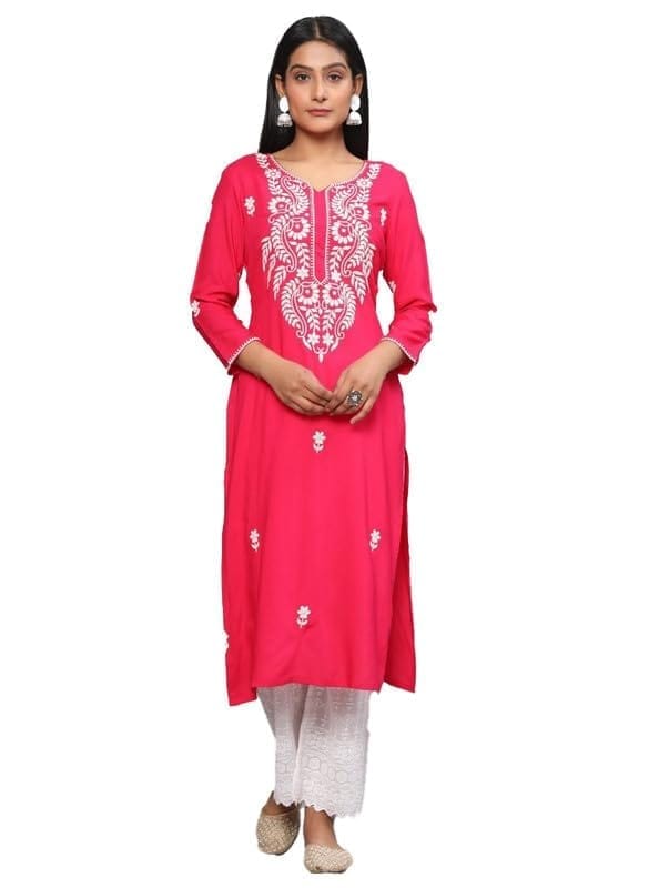 Women's Casual 3/4th Sleeve Embroidered Georgette Kurti (Pink, M)-PID46916