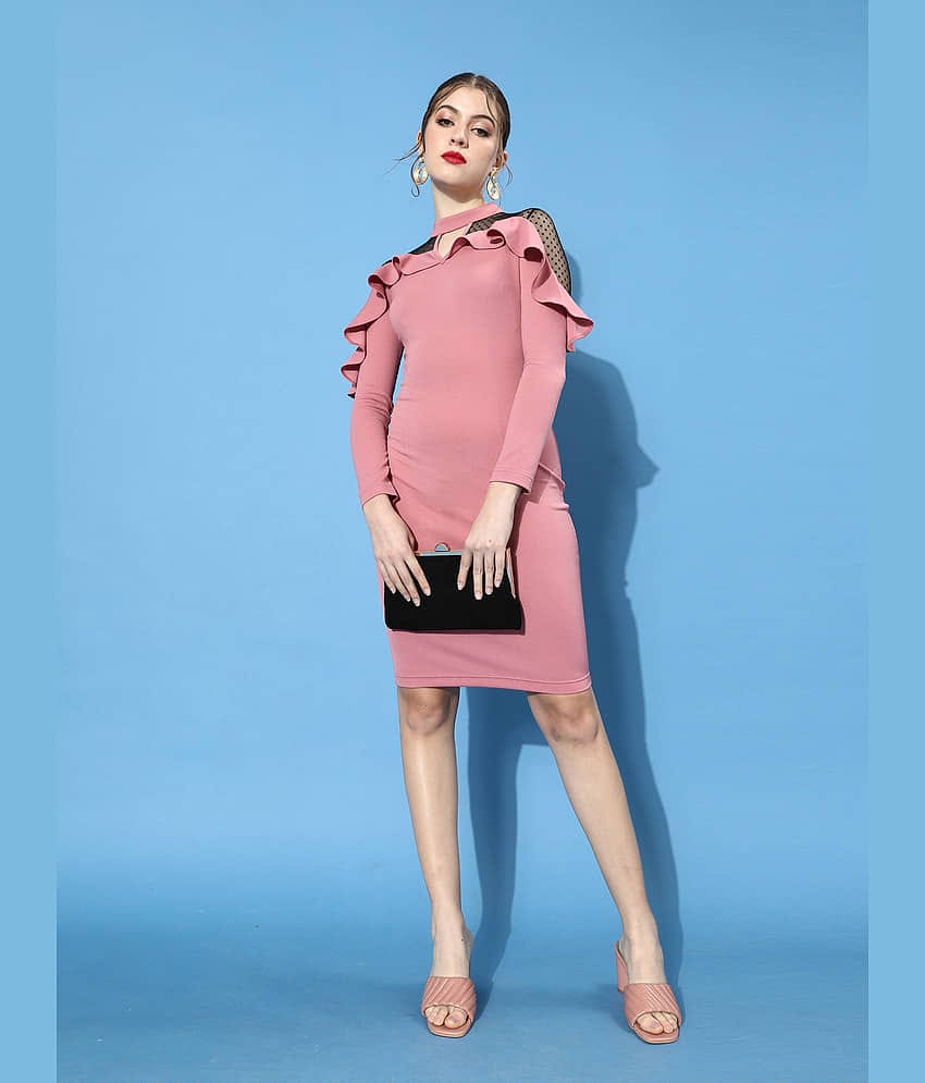 Miss Chase Women Polyester Self Design Bodycon Dress ( Pink )