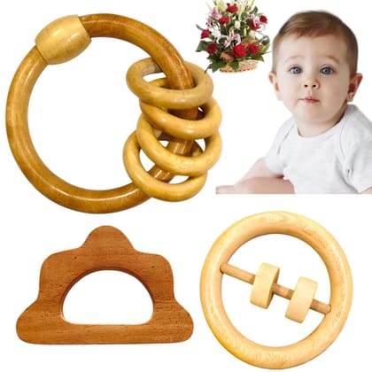 Shreeja Shilpcraft Neem Wood Baby Rattle & Teether 'Combo Pack of 3 | Natural, Handmade & Non-Toxic Wooden Teething Toy for Infants & Newborns