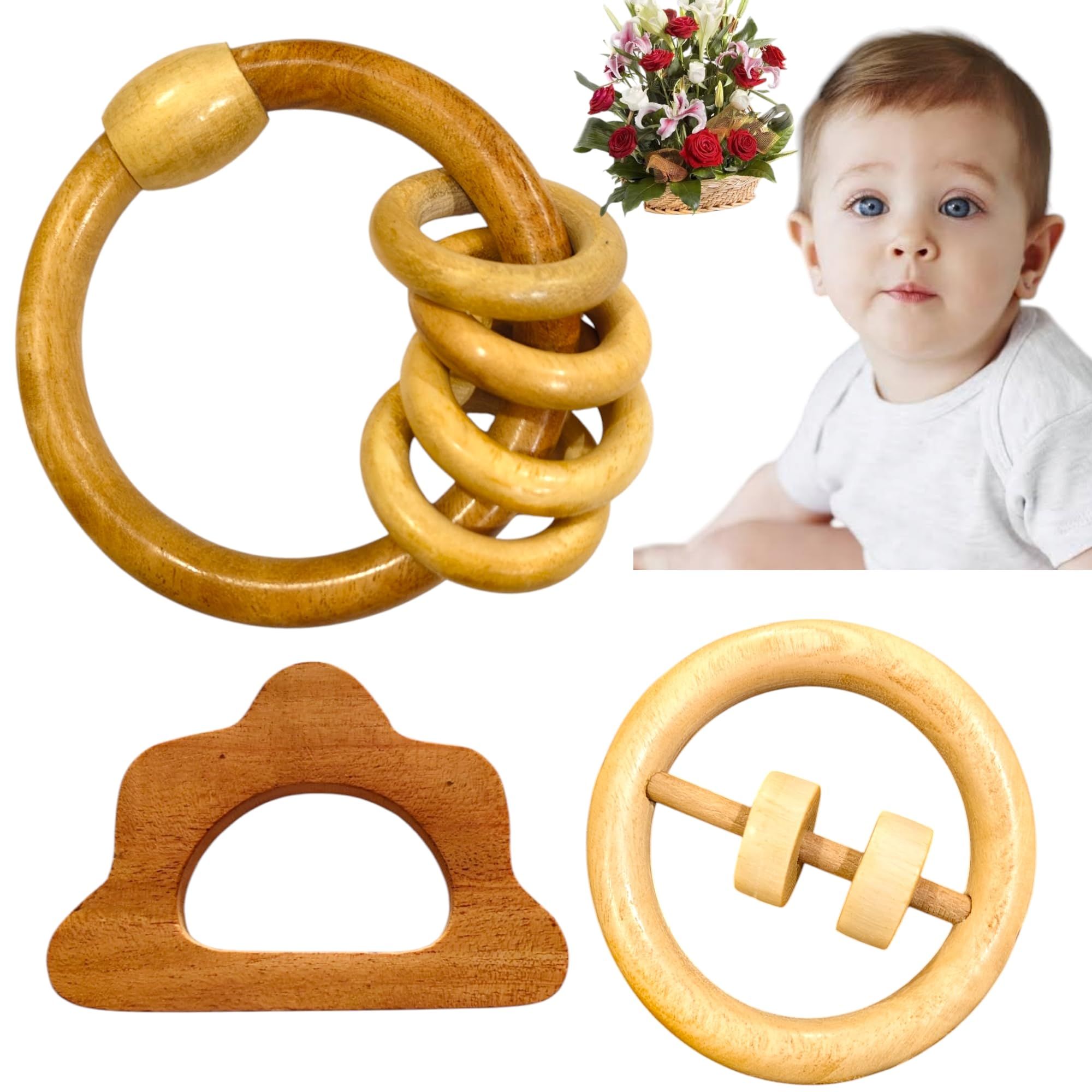 Shreeja Shilpcraft Neem Wood Baby Rattle & Teether 'Combo Pack of 3 | Natural, Handmade & Non-Toxic Wooden Teething Toy for Infants & Newborns