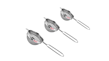 RK Sayti Stainless Steel Round Strainer, 304 Grade Double Mesh, Premium Polish, Medium,Large,XL Pack of 3