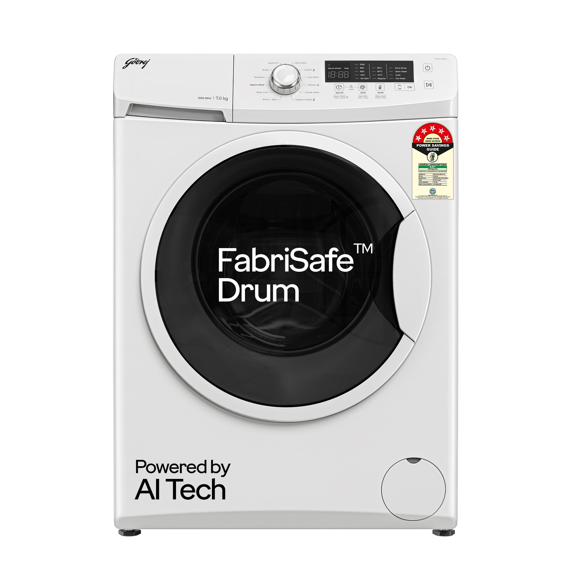 Godrej 7 Kg 5 Star, With AI Tech, I-Sense Technology Fully-Automatic Front Load Washing Machine (WFEON CRS 7010 5.0 FKEDM GLWH, Inbuilt Heater and FabriSafeâ„¢ Drum, Glacial White)