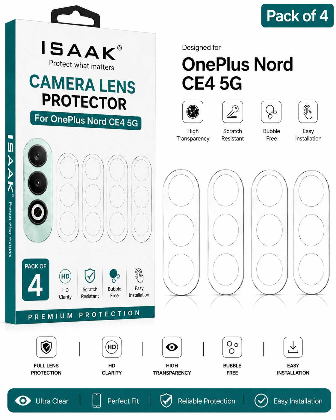ISAAK Back Camera Lens Protector compatible for OnePlus Nord CE4 5G (Pack of 4)