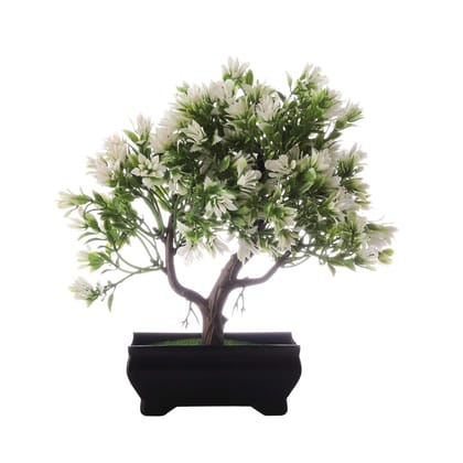FOLIYAJ Artificial 3 Branched Bonsai Tree with Green Leaves and White Flowers with Pot for Living Room,Indoor/Outdoor Decor,Office and Home Decoration