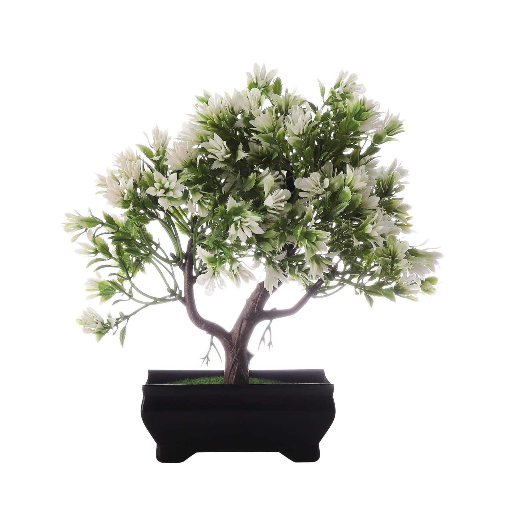 FOLIYAJ Artificial 3 Branched Bonsai Tree with Green Leaves and White Flowers with Pot for Living Room,Indoor/Outdoor Decor,Office and Home Decoration