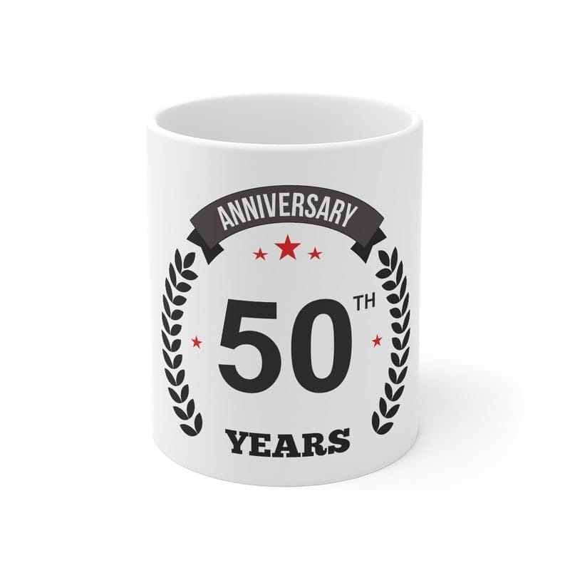 DARSHANS Ceramic 50th Anniversary Printed Coffee Mug (Color: White, Capacity:330ml)
