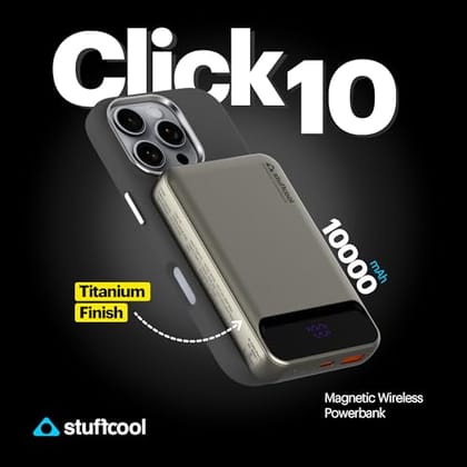 Stuffcool Click 10000mAh Slim Magnetic Wireless Powerbank Natural Titanium Finish Perfect for iPhone 16,15,14,13,12 with Led Display and 20W Fast Wired Charging - Charges iPhone 50% in 30 mins Stuffcool Click 10000mAh Slim Magnetic Wireless Powerbank Nat