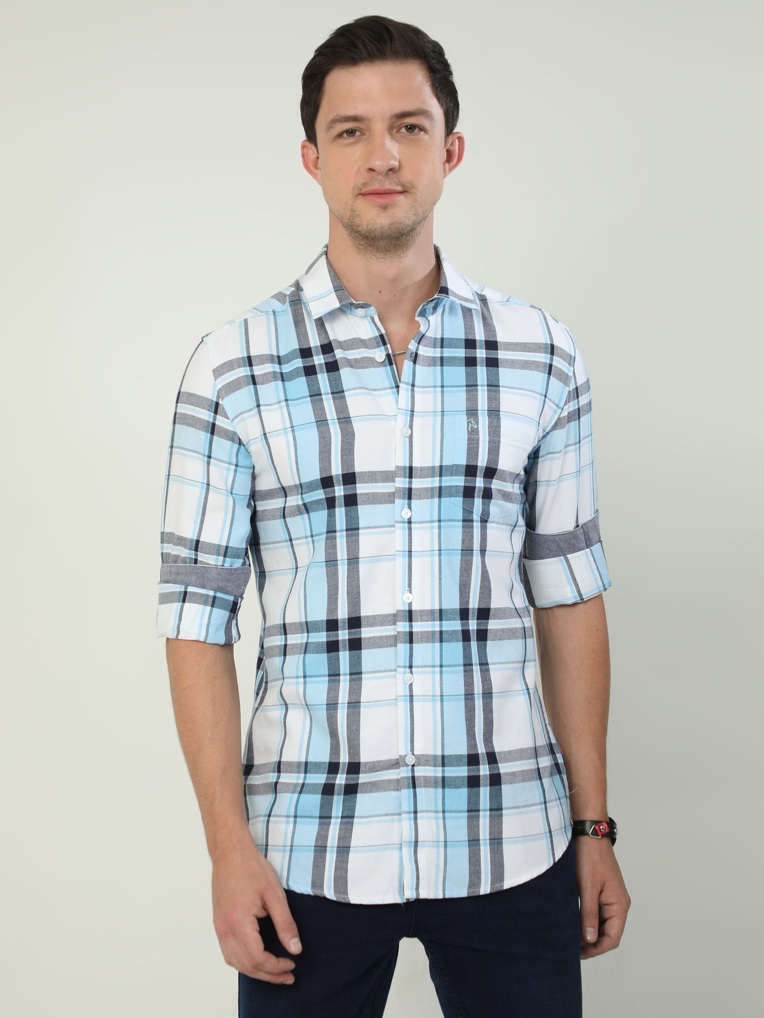 Classic Polo Men's Polo Neck Full Sleeve Slim Fit Cotton Woven Shirt | SBO2-08 A-FS-CHK-BSL