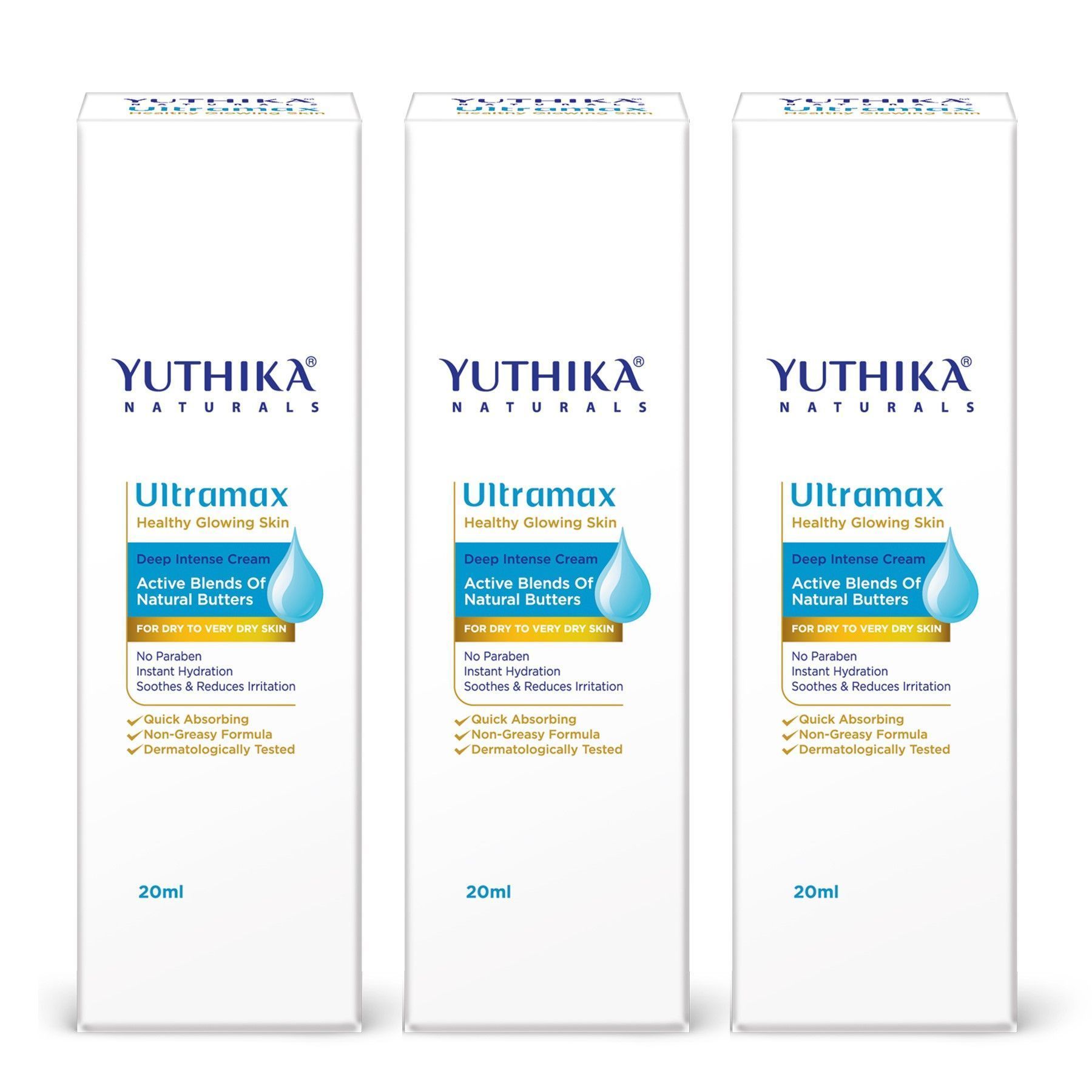 Yuthika Ultramax Deep Intense Moisturizing Cream for Dry to Very Dry Skin 20ml Pack of 3, Dermatologically Tested