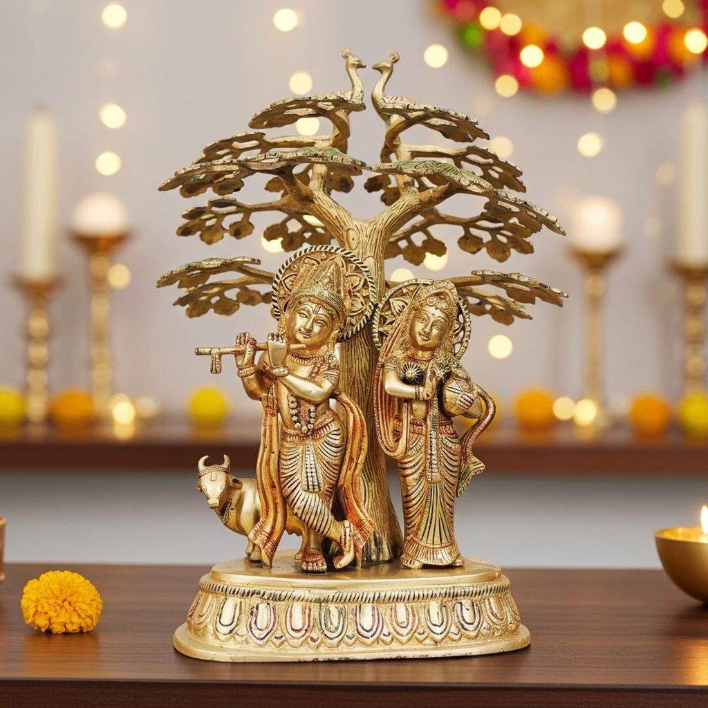 Brass Tree Radha Krishna With Cow Idol - Religious Decor Statue, Height : 16.4 Inch (BSMAS828 B)