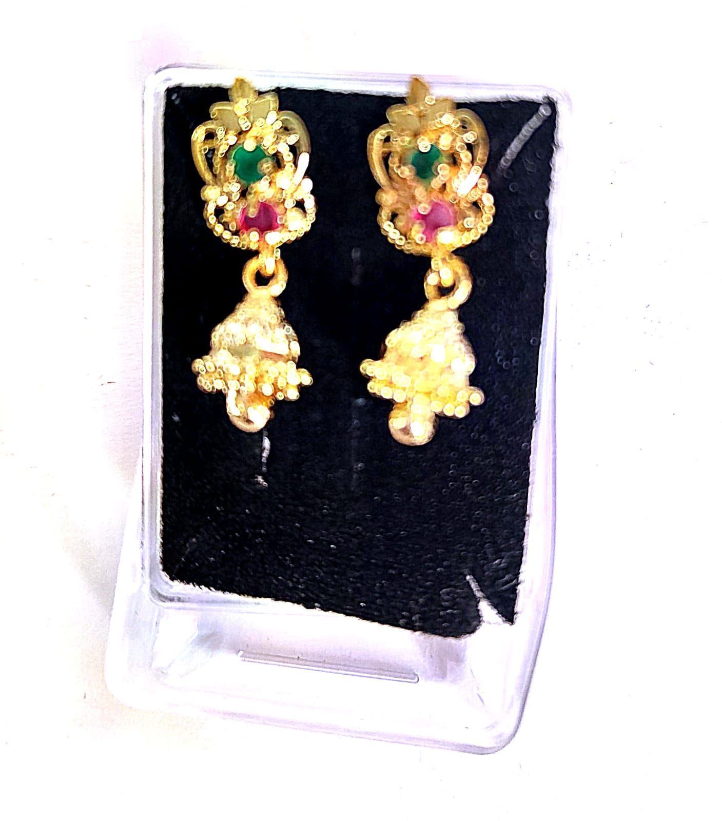 Gold Plated Traditional Indian Jhumka Earrings with Ruby and Emerald Stones