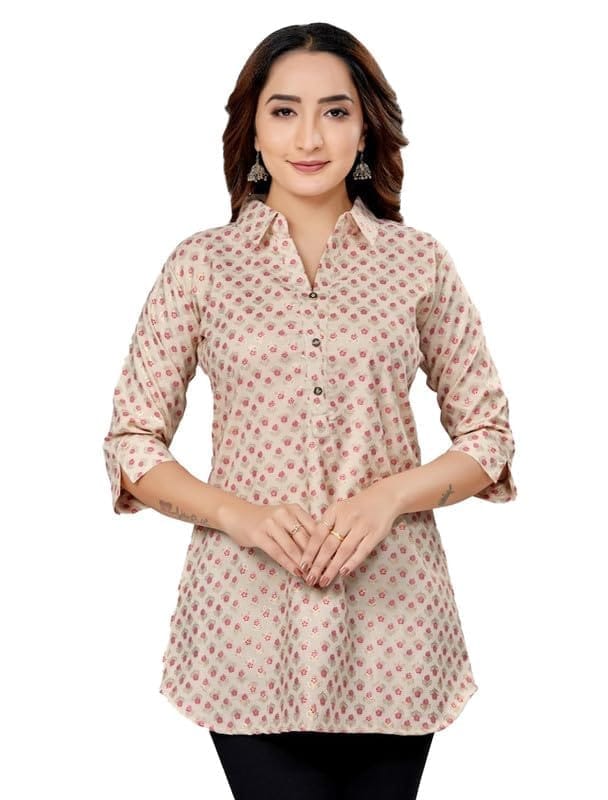 Women's Cotton Blend Collared Neck 3/4 Sleeves Short Top (Cream-Red, S)-PID56246