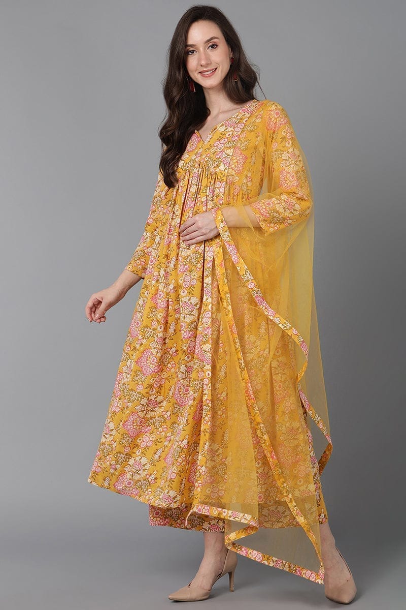 Yellow Cotton Blend Floral Printed Kurta Palazzos With Dupatta VKSKD1622