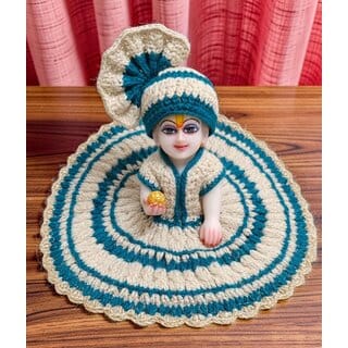 Crochet Laddu Gopal Dress with Pagdi | Cream Teal Blue Woolen Poshak