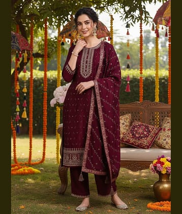Vaamsi Women Silk Blend Embroidered Straight Kurti With Palazzo ( Burgundy )
