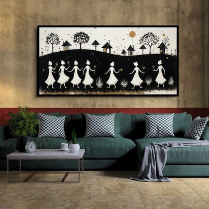 Luminary Traditional Indian Folk Art Canvas Painting for Modern Decor | Frame Size (127 X 69 Cm) | Frame Type (Black) | 5-Year Warranty