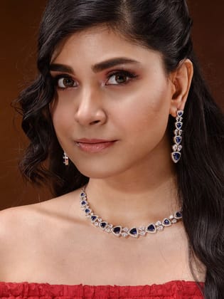 Silver Toned Blue AD studded Triangle shaped designer Necklace Jewellery Set