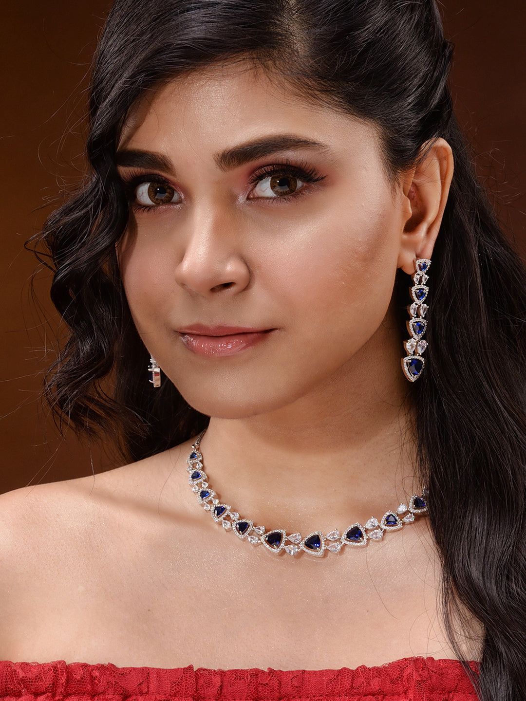 Silver Toned Blue AD studded Triangle shaped designer Necklace Jewellery Set