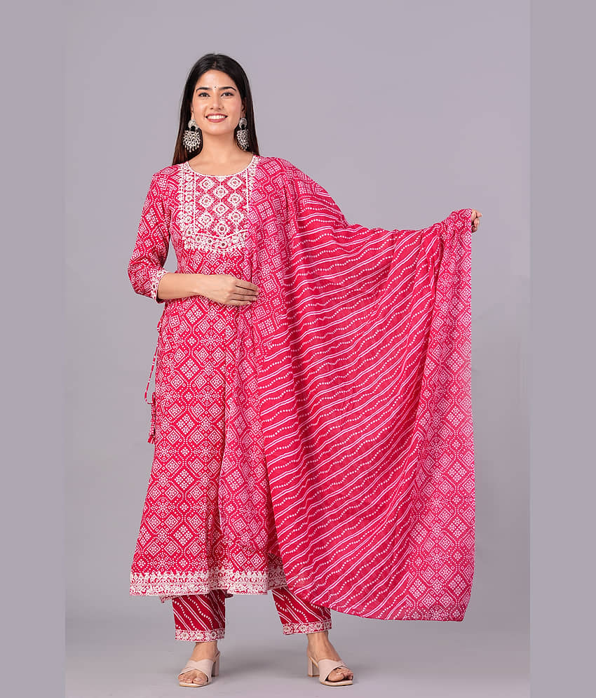 Doriya Cotton Blend Printed Kurti With Palazzo Women's Stitched Salwar Suit - Pink ( Pack of 1 )