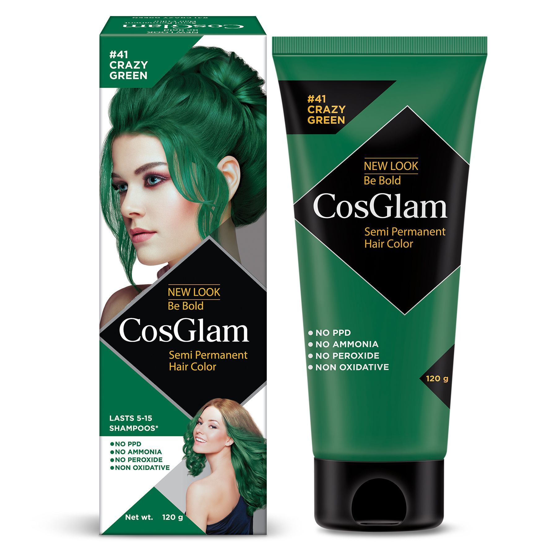 COSGLAM Semi Permanent Hair Color, No Peroxide, Non Oxidative, Ammonia Free Hair Colour 41 Crazy Green - 120gm