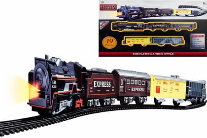 Battery Operated Toy Train Set with Engine, 1 Locomotive,14 Sets of Tracks,1 Boxer and1 Passenger Car Railway-19 Pcs, Medium Size with Headlight