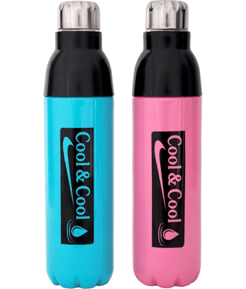 LAZYWINDOW Cool & Cool 1000ml Pink & Sky Blue Water Bottle Blue Plastic Water Bottle 1000 mL ( Set of 2 )