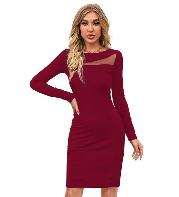Women's Knitting Stretchable Solid Round Neck Full Sleeve Dresses (Maroon, L)-PID56782