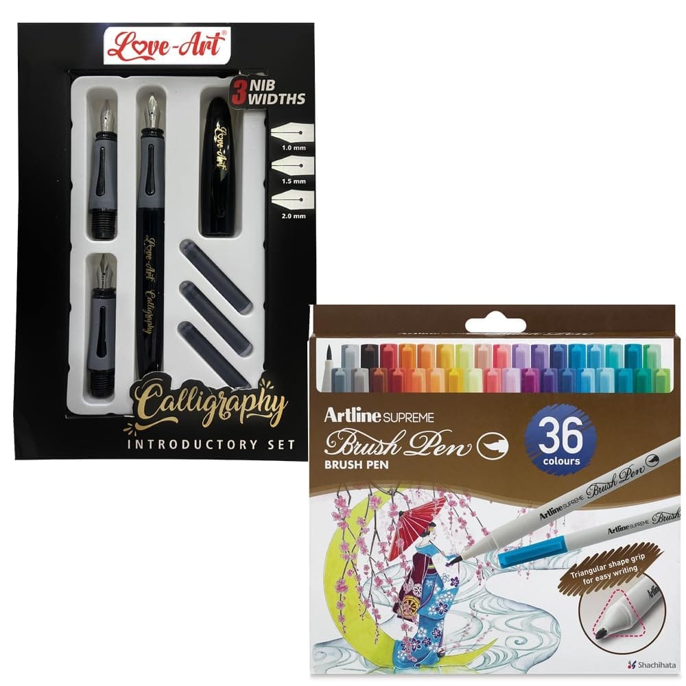 Love-Art Calligraphy Fountain Pen 3 Nibs Set with Supreme Fine Brush Pen Set of 36 | Perfect for artists, students
