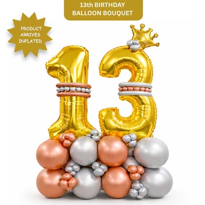 Signature Number 13 Large Golden Balloon Bouquet Arrangement with Small Crown & Silver, Rosegold Latex Balloons