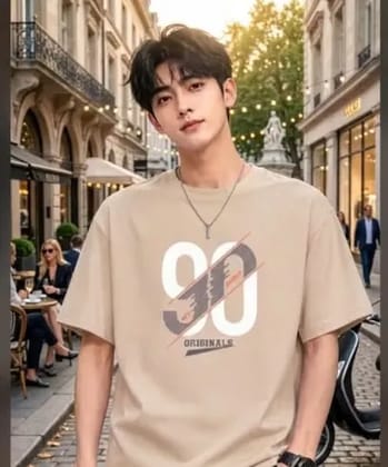 Men's Oversized Cotton Blend T-Shirt | Loose Fit Drop Shoulder Typography Printed Tee | Casual Crew Neck Half Sleeve Summer Streetwear T-Shirt for Men 90