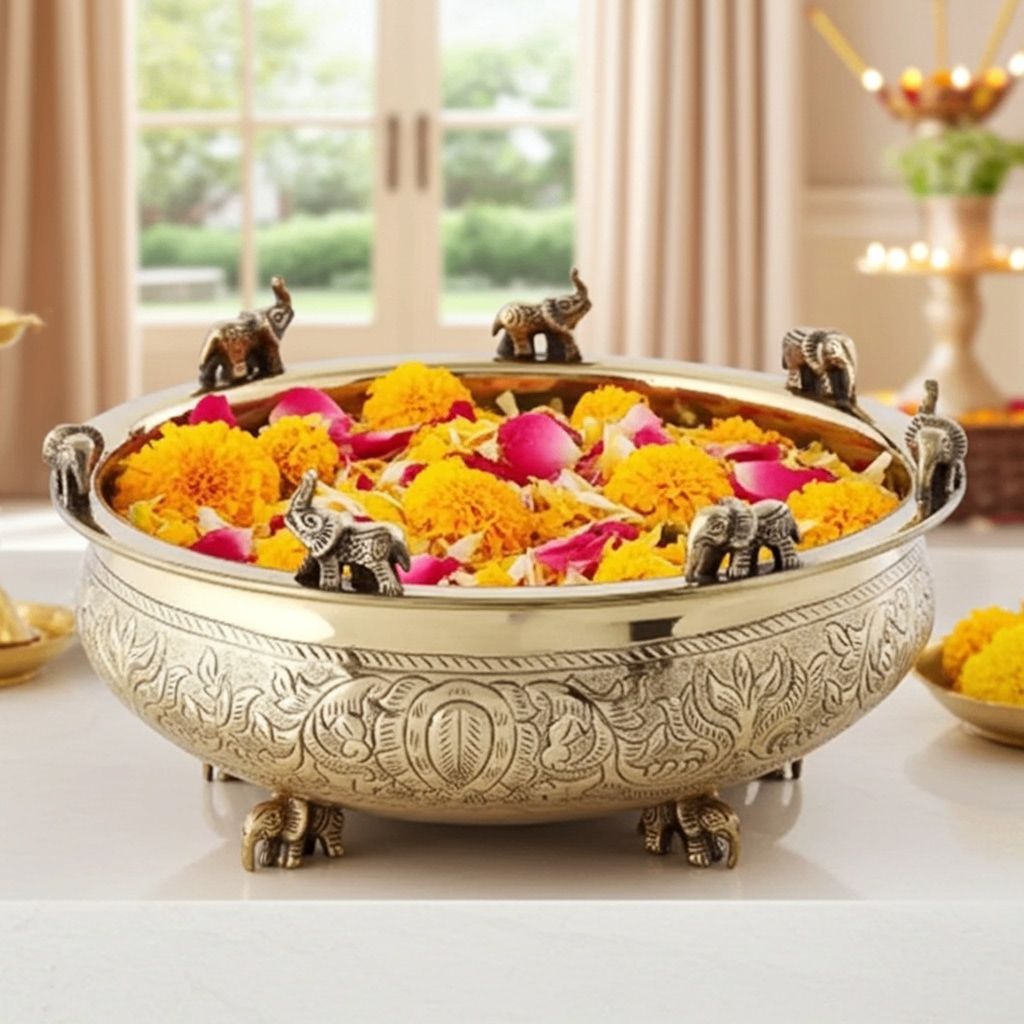 Brass Flower Elephant Urli � Decorative Brass Urli Bowl, Diameter : 10 Inch (ATMAS037 D)