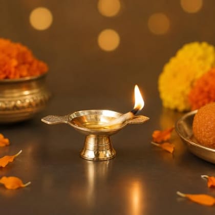 Decorative Brass Diya with Stand and Holder | Auspicious Diya for Puja Room, Home, Office, Festive Decor | Gift