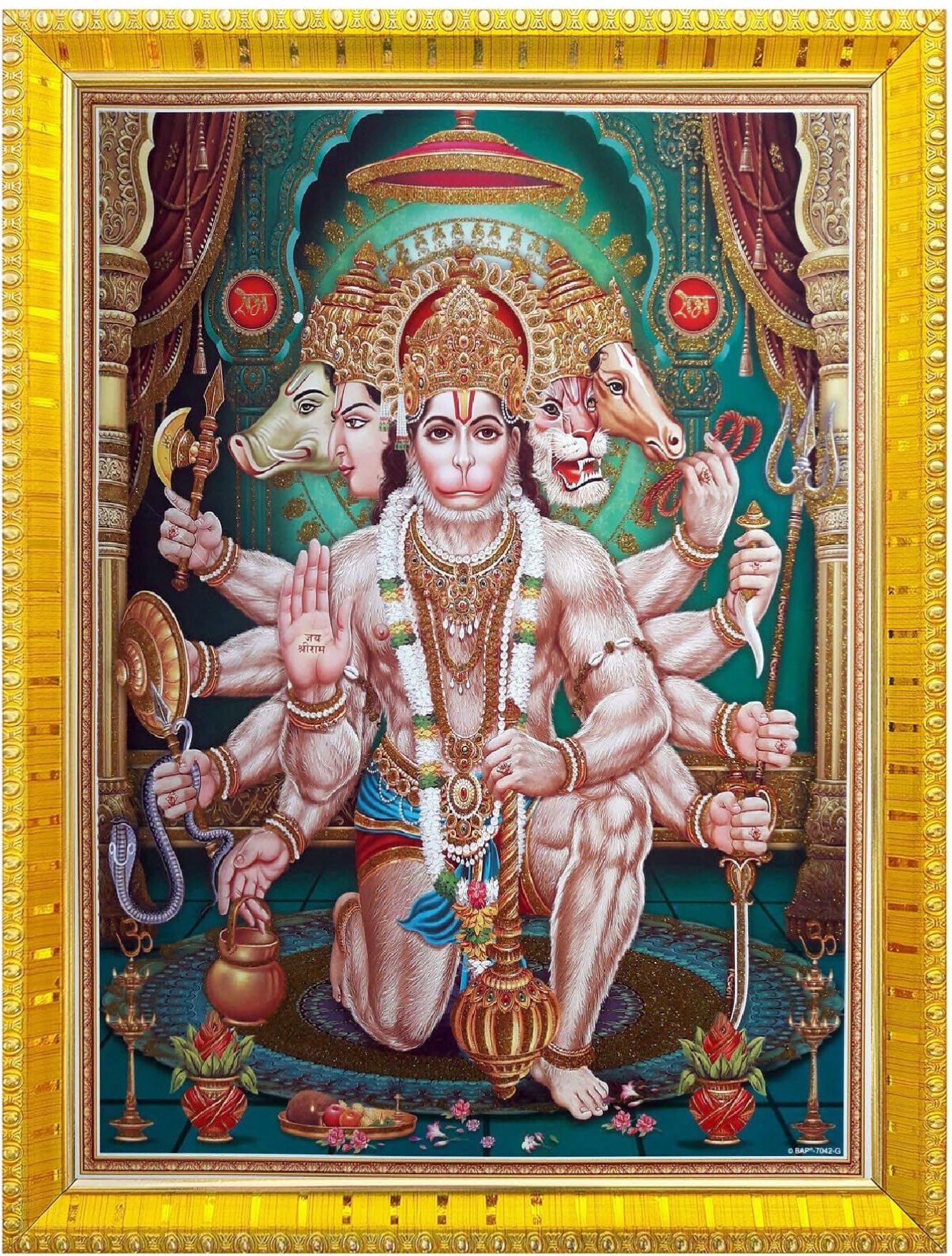 NOKKES 5 Mukhi Hanuman Ji Panchmukh hanuman ji Golden 5X7 Inch Photo Frame_AQW11