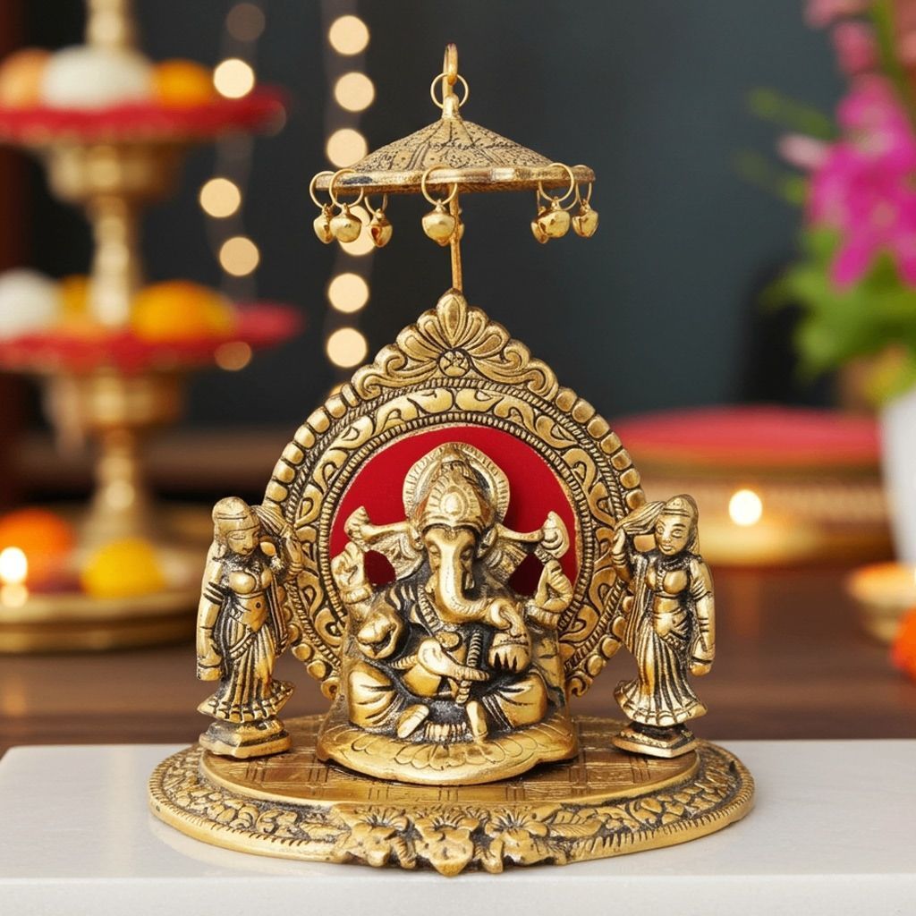 Aluminium Ganesh Ji Idol With Riddhi Siddhi – Gold Finish Showpiece, Height : 8.5 Inch (ASMAS133 G)