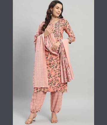 ANNEIV Women Cotton Embroidered Straight Kurti With Pants ( Peach )