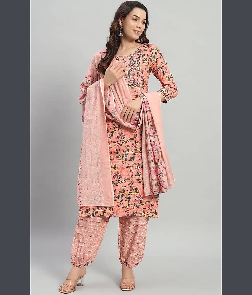 ANNEIV Women Cotton Embroidered Straight Kurti With Pants ( Peach )
