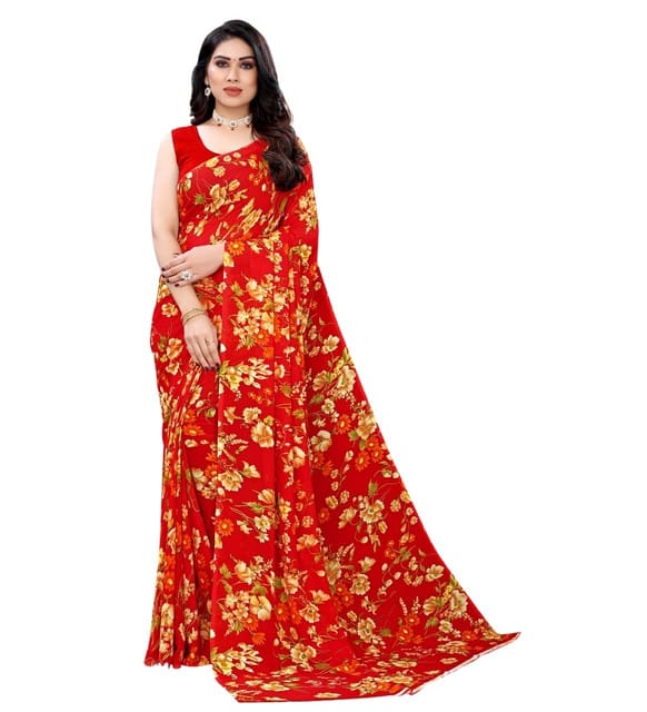 Generic Women's Georgette Floral Printed Saree with Unstitched Blouse Piece, Soft Lightweight 5.5 m Sari for Daily, Office and Wear (Red, Design 67569)