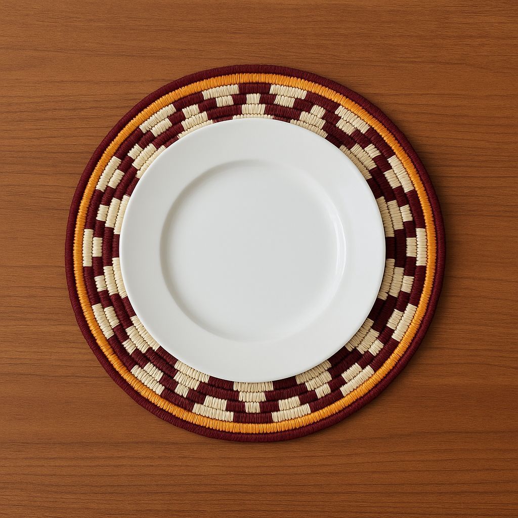 Handmade Circular Coaster - Maroon, White, and Yellow Weave