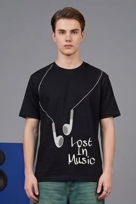 Hue Nox Men's Black Lost In Music Graphic Regular Fit T-Shirt
