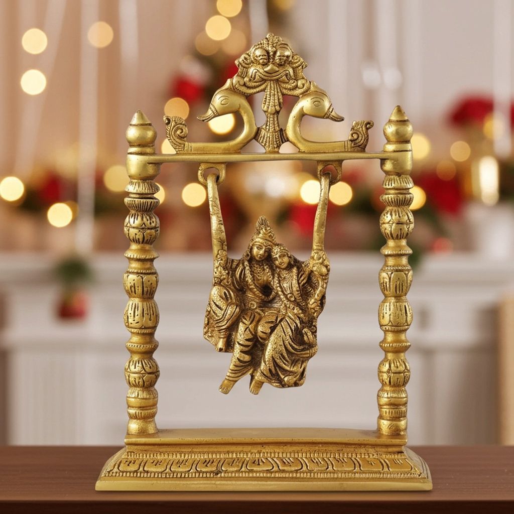 Brass Radha Krishna Jhula Idol - Traditional Swing God Statue, Height : 10 Inch (BSMAS1067 A)