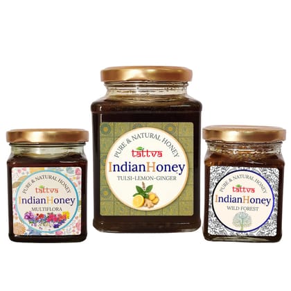 IndianHoney Ayurvedic & StressRelief Tulsi Infused Honey, Wild Forest Honey, & Himalayan Multiflora Triple Combo Pack (500gm + 2x230gm) IndianHoney Ayurvedic & StressRelief Tulsi Infused Honey, Wild Forest Honey, & Himalayan Multiflora Triple Combo Pack (500gm + 2x230gm)
