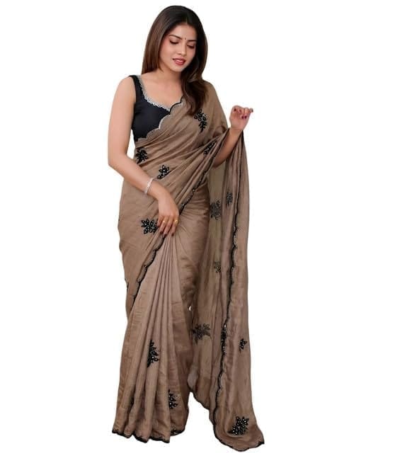 Women's Viscose Silk Embroidered Saree With Unstitched Blouse 5.5Mtr (Brown)-PID67235