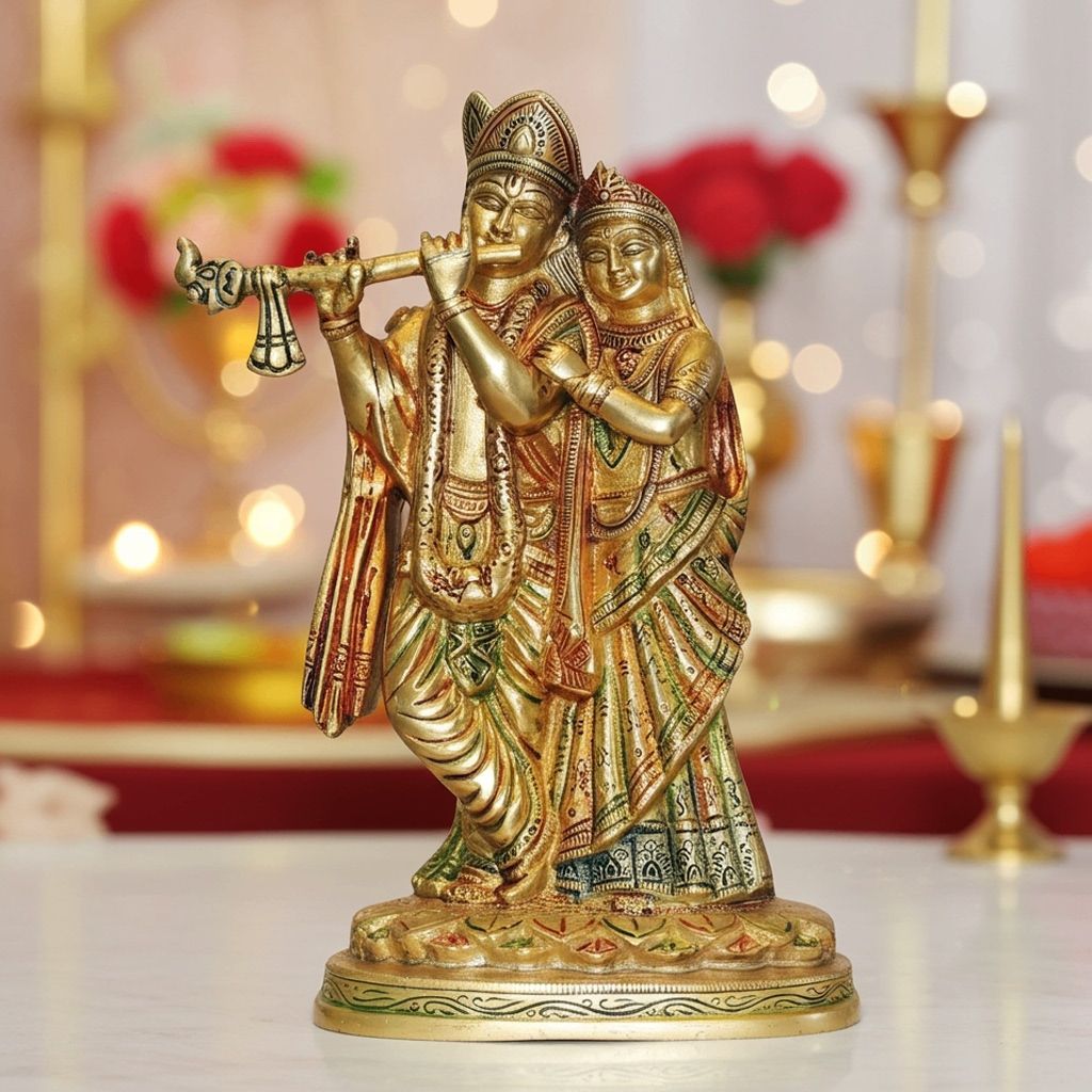 Brass Radha Krishna God Idol - Devotional Showpiece, Height : 8.5 Inch (BSMAS399 E)