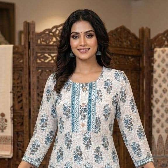 Womens White Blue Lab Cotton Kurti Pant Comfort Wear