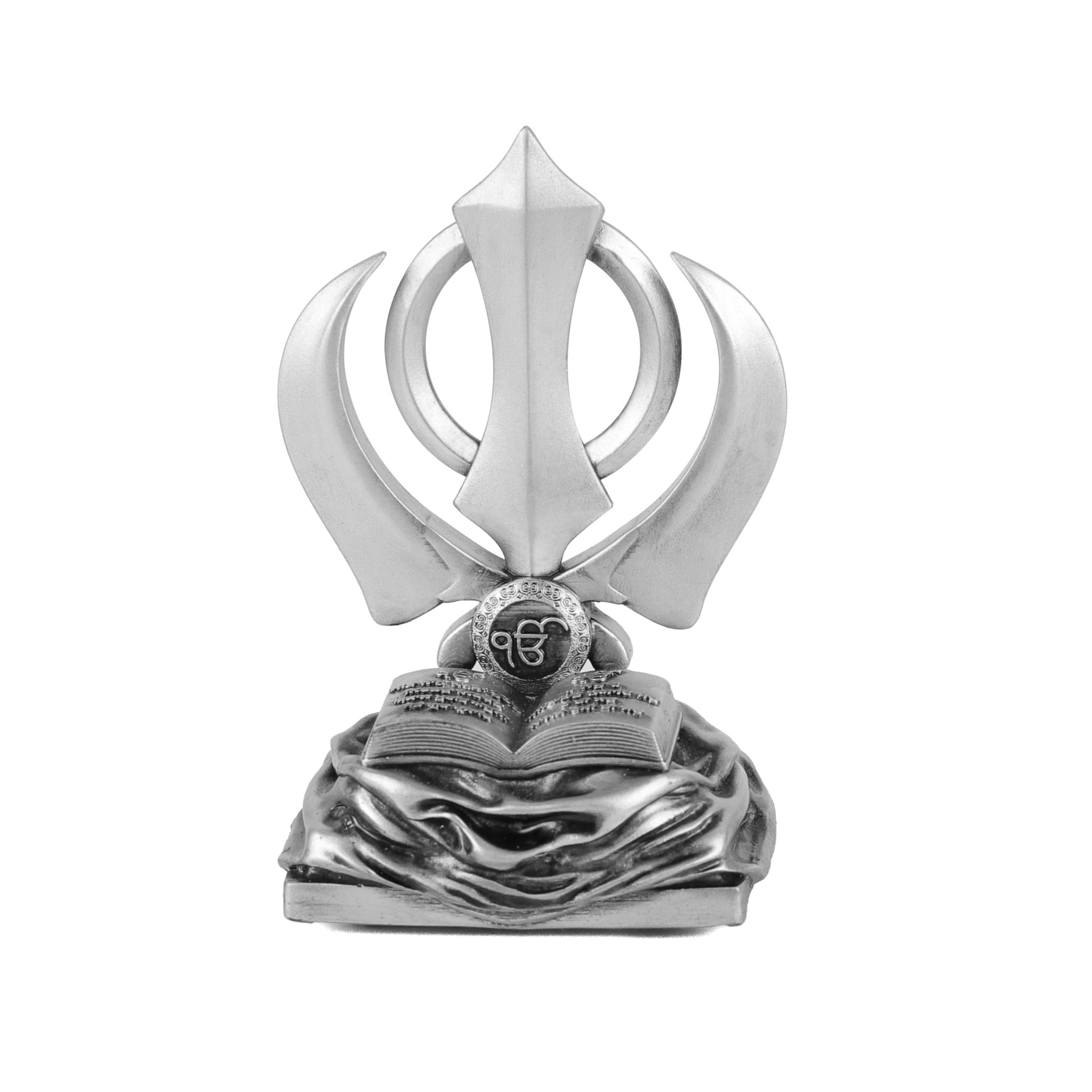 Artarium Special Khanda Sahib Ji Silver Idol Sikh Religious Symbol Traditional Khanda Sahib Statue for Car Dashboard Home Table Decor for Pooja Office Table Showpiece Gifts Items (Silver 4 Inch)
