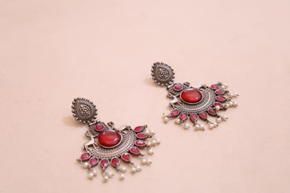 Vintage Style Oxidized Silver Earrings with Red Stones, Pearl Drops and Deer Motif, Traditional Indian Design Vintage Style Oxidized Silver Earrings with Red Stones, Pearl Drops and Deer Motif, Traditional Indian Design